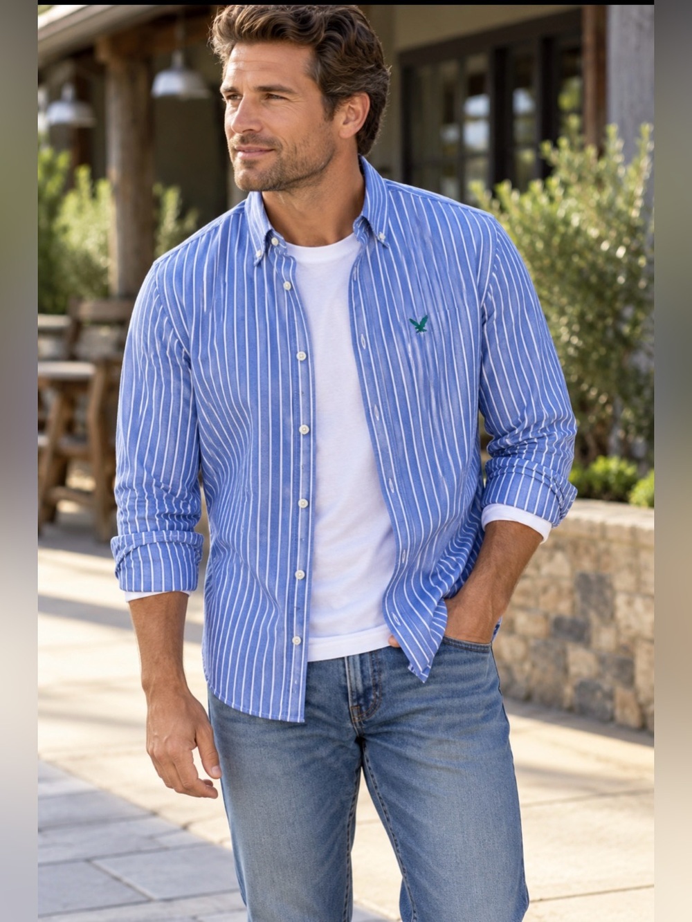 American Eagle Outfitters Men’s Blue White Striped Button Down Shirt Large 100%